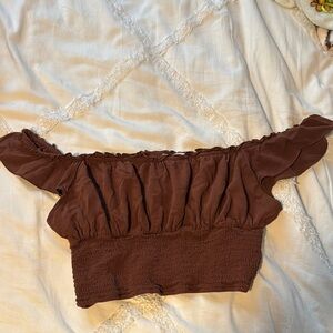 La Hearts Brown Smocked Puff Sleeve Crop Top